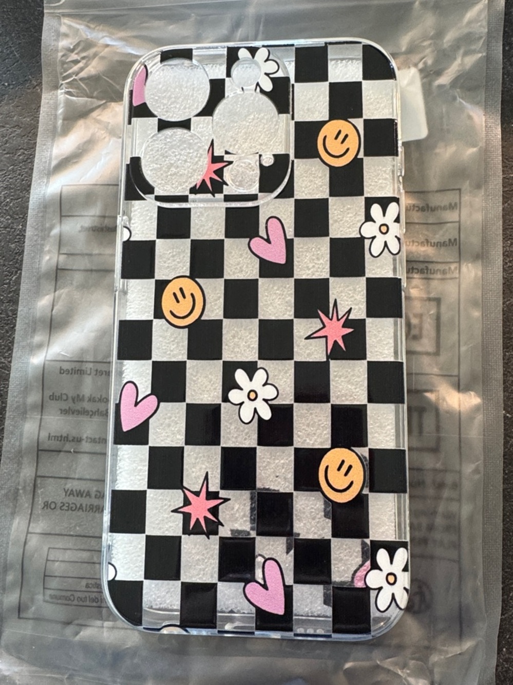 NWT Clear Checkerboard IPhone 15 PRO Case with Pink Hearts & Yellow Smileys